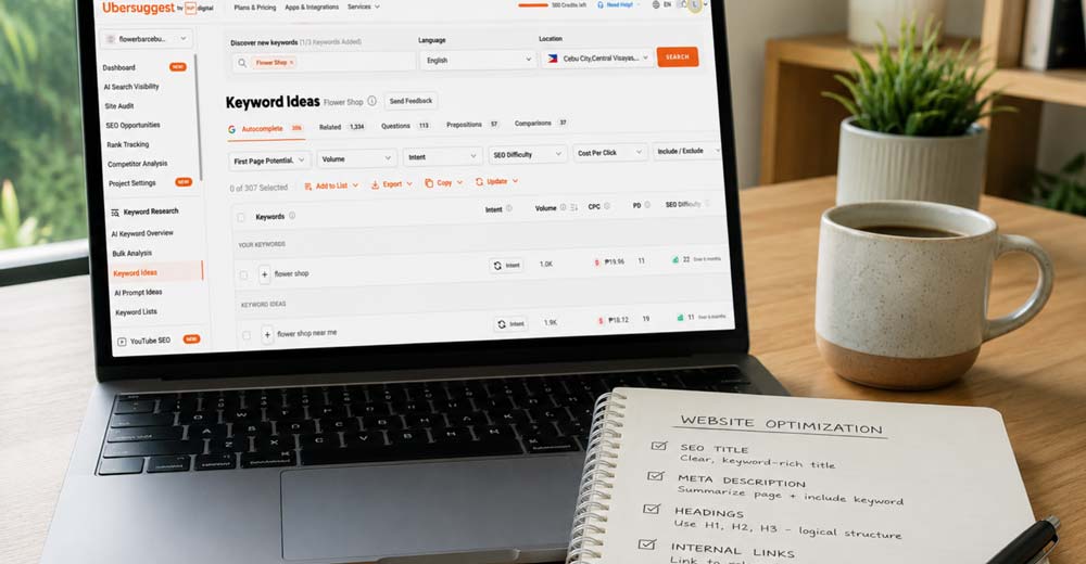 SEO dashboard on a laptop showing keyword research data with website optimization notes for improving online visibility.