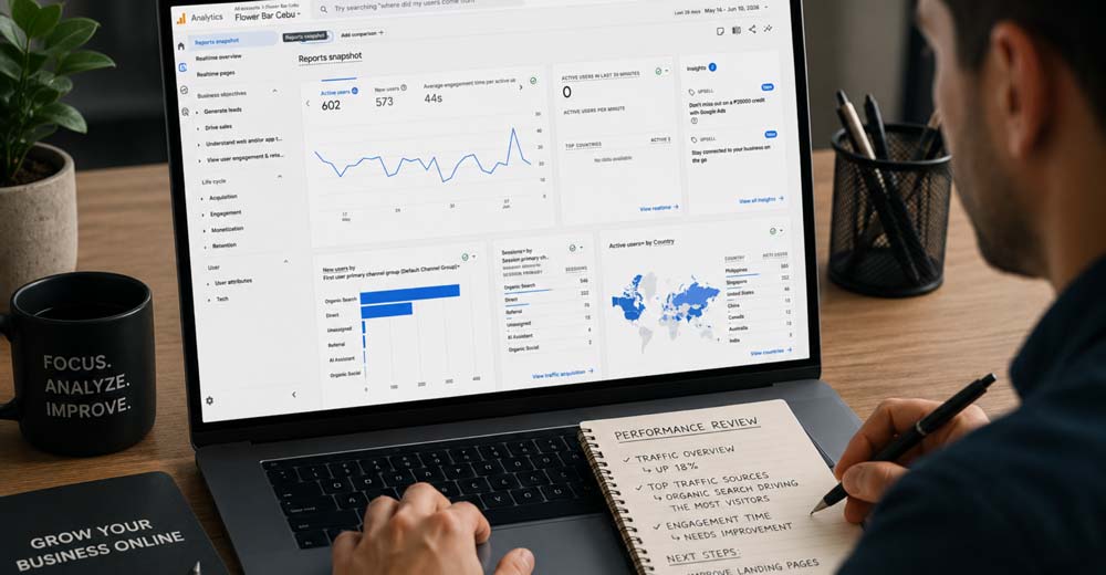 Laptop showing website analytics data for reviewing traffic, user activity, and lead generation performance.