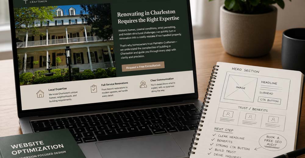 Laptop showing a conversion-focused website section with a clear consultation button, supported by wireframe notes for headline, benefits, CTA placement, trust signals, and lead generation.