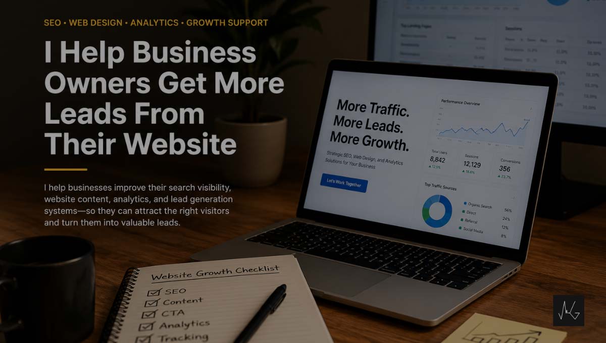 Laptop showing website traffic and lead generation data with a website growth checklist for SEO, content, CTAs, analytics, and tracking.